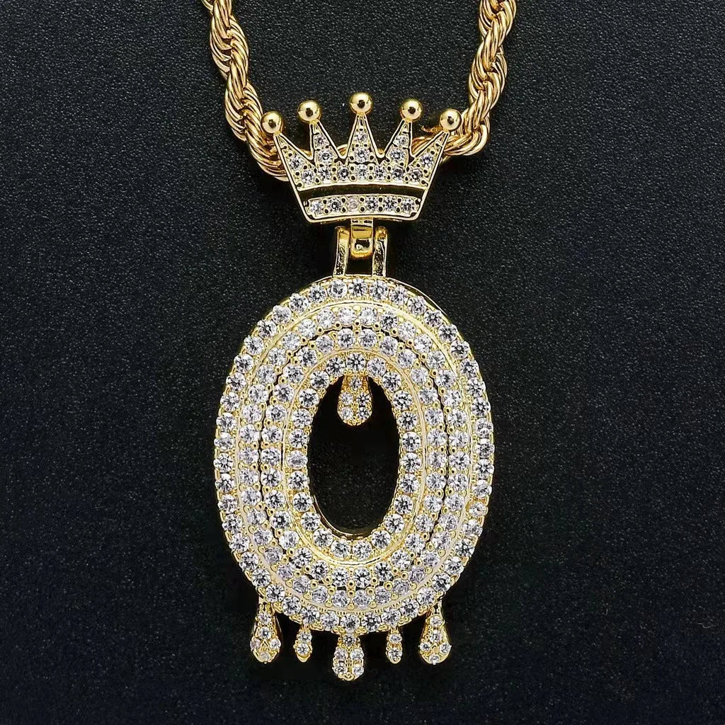 Hip Hop Iced Out Bling Cubic A-Z Drip Crown Zircon Initial Letters Necklaces Pendant Necklace Chain Men Jewelry with Rope Chain