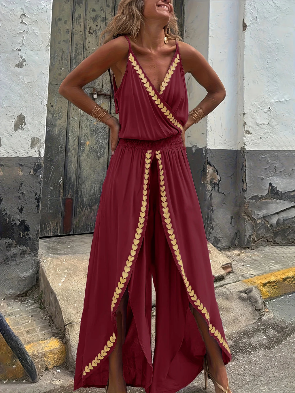 Women's Casual Purple Jumpsuit Gold Embellished Wrap Neck Split Legs High Waist Great for Bohemian Trips City Walks