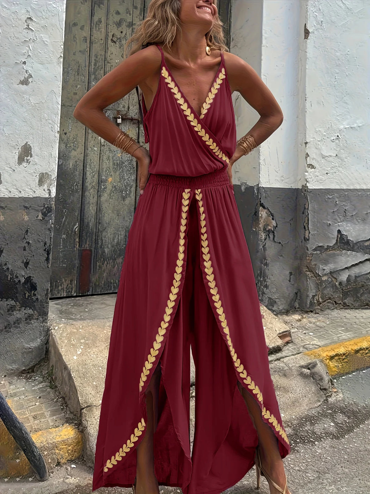Women's Casual Purple Jumpsuit Gold Embellished Wrap Neck Split Legs High Waist Great for Bohemian Trips City Walks