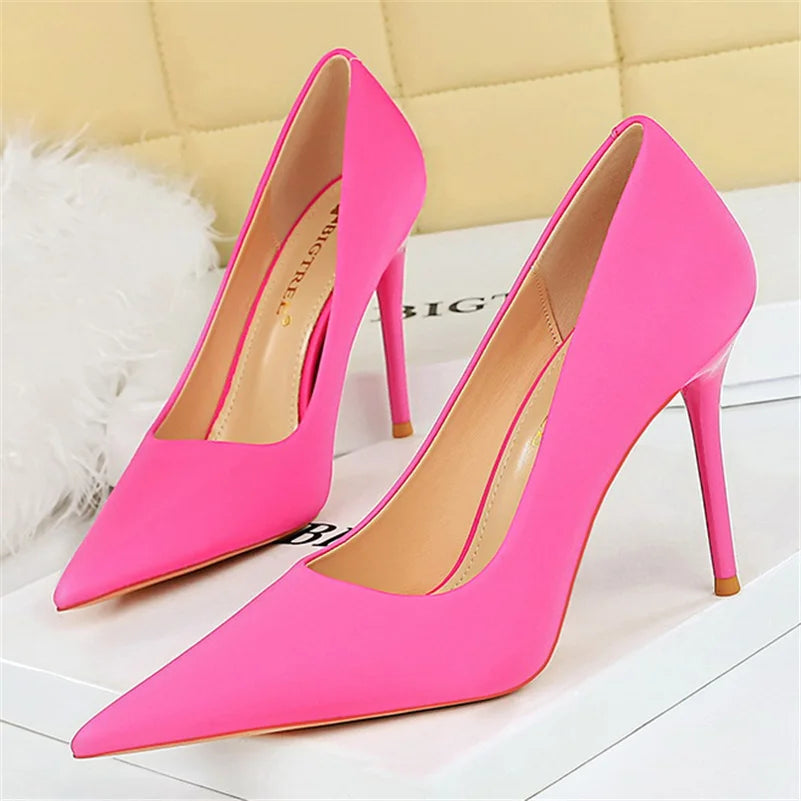 Women 10cm High Heels Satin Silk Dress Stiletto Fashion Pumps Lady Wedding Bridal Escarpin Catwalk Green Purple Peach Prom Shoes