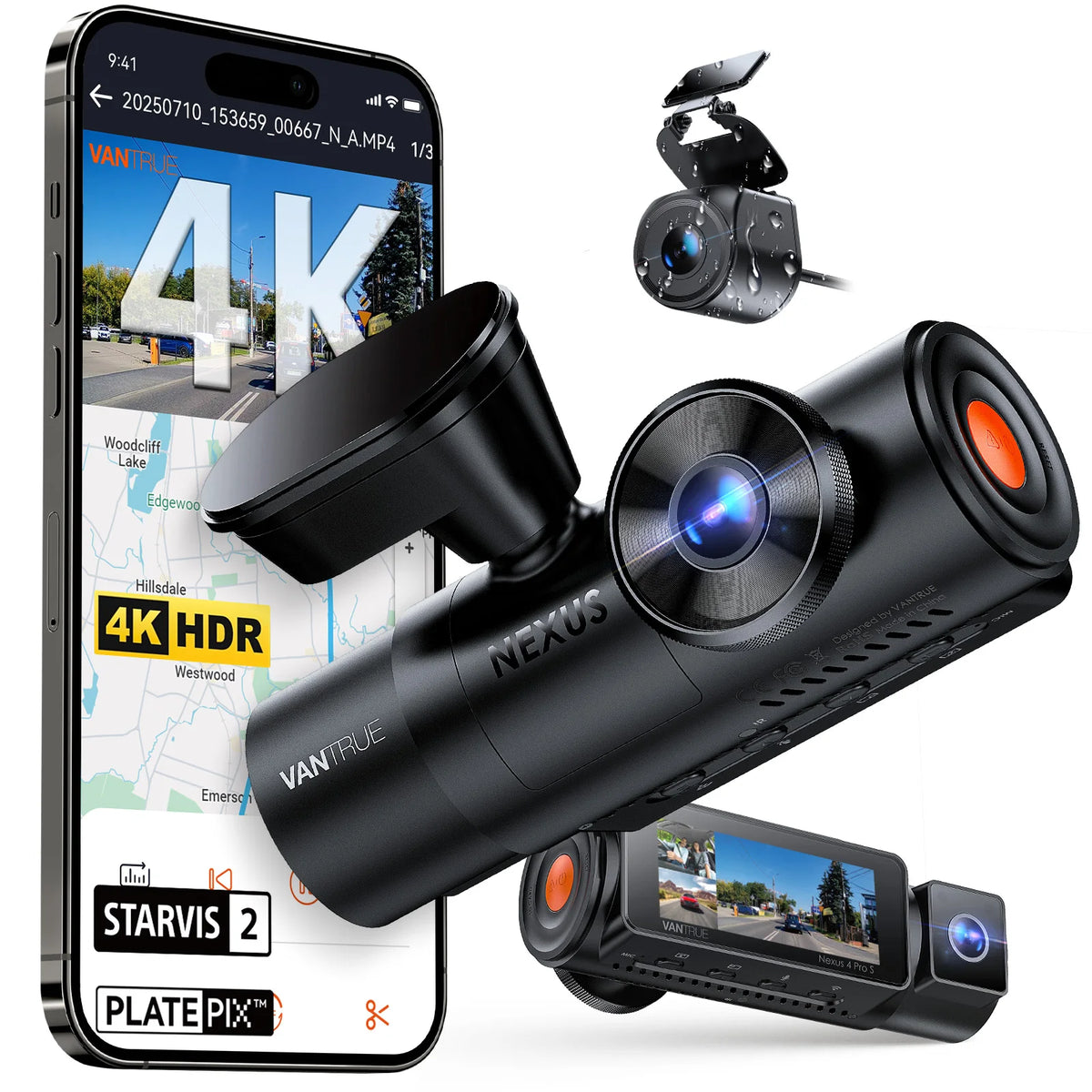 Vantrue N4 Pro S DashCam 4K+1080P+2.5K 3 Channel Waterproof Rear Camera Voice Control HDR IR Night Vision GPS Wi-Fi Parking Mode