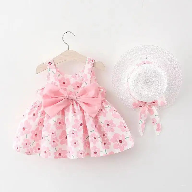 0-3-Year-Old Baby Clothes Summer Seaside Vacation Children's Dress Floral Sleeveless Bow Girl Princess Dress+Hat
