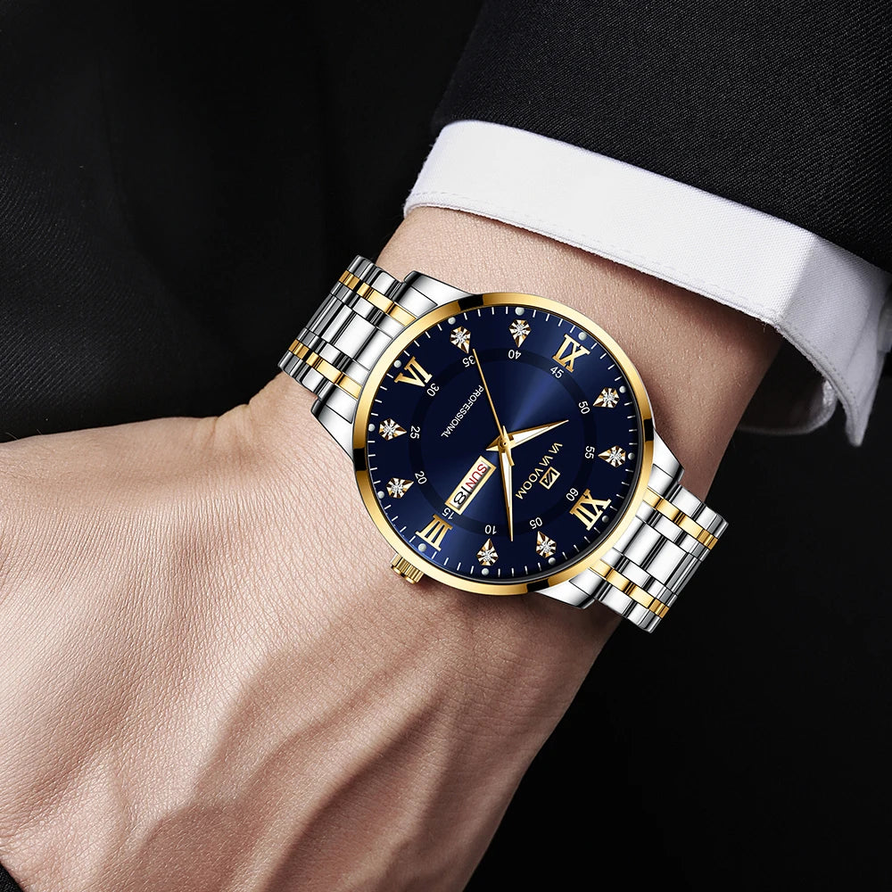 VA VA VOOM Top Brand Luxury Men Watch Week Quartz Movement Business Clock Black Stainless Steel 3Bar Waterproof Couple Men Watch