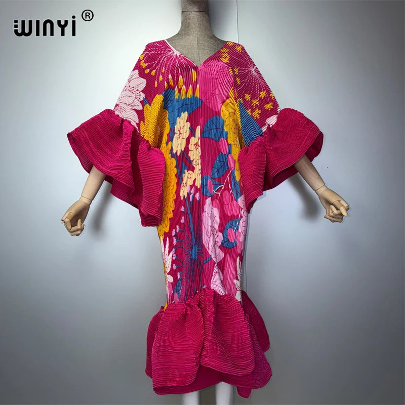 WINYI boho Pleated Elastic Slim Dress for Muslim Women Beach Cover up Kaftan Abaya Dubai Luxury Long down Holiday Evening Wear