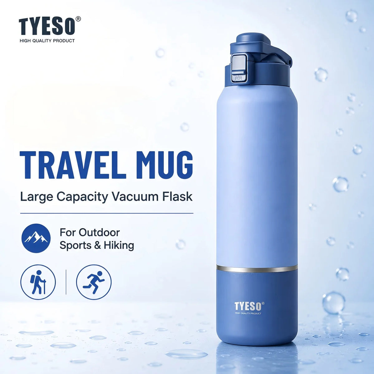 Tyeso Large‑Capacity Travel Mug with HandleVacuum Insulated Water Bottle Leakproof Lid Drinkware for Hiking Outdoor