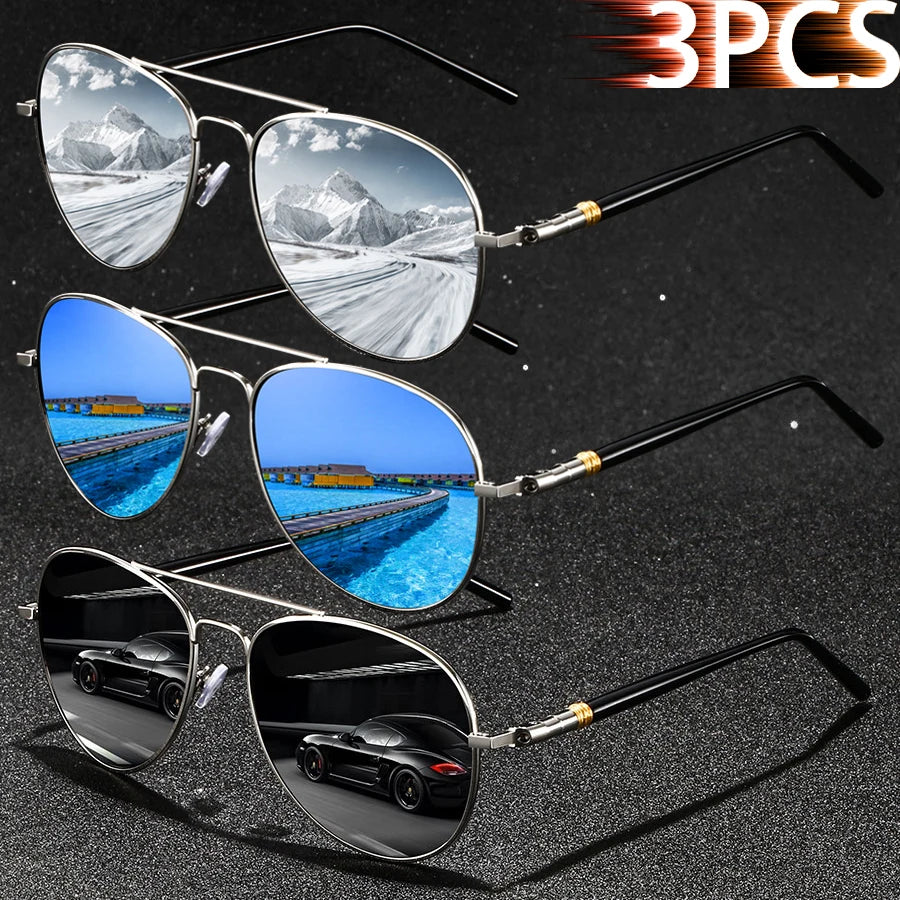3PCS Fashion Vintage Square Metal Frame Sunglasses Men Women Fishing Driving Luxury Brand Designer Sun Glasses  Eyewear