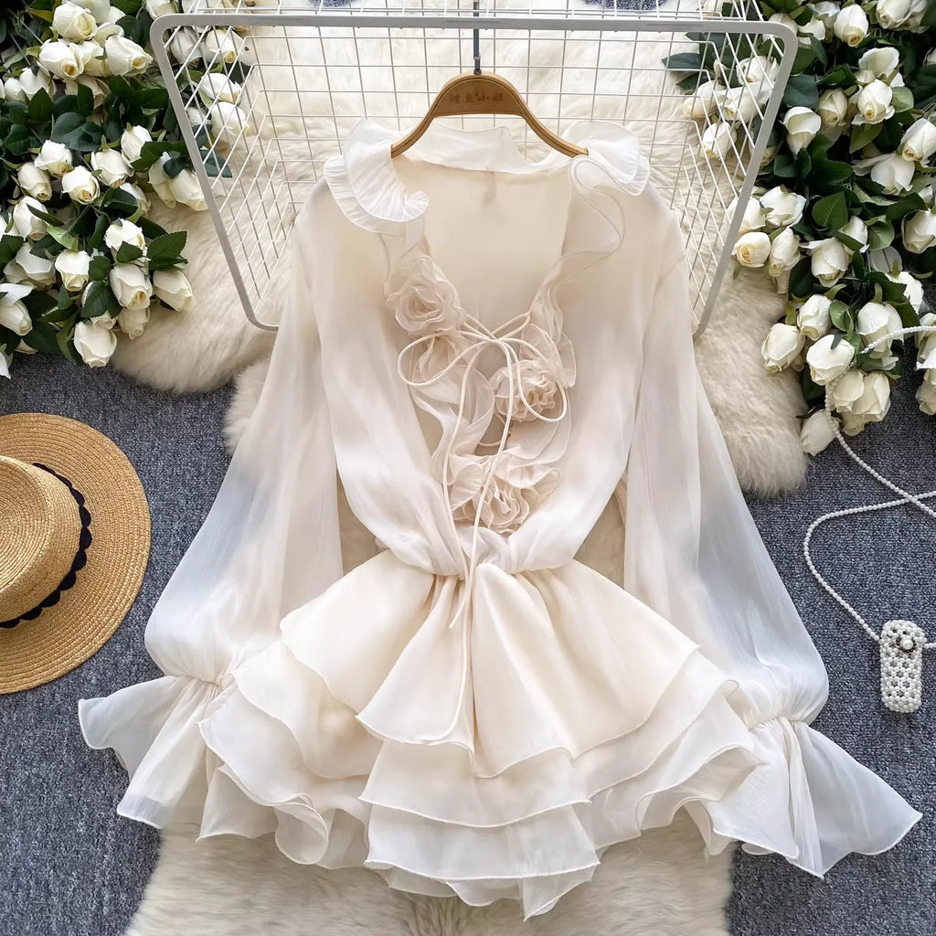 V-neck Long Flare Sleeve Vestidos Ruffles 3d Flower Dress Spring Tunic Dresses Temperament Ropa De Mujer Gentle Vestido