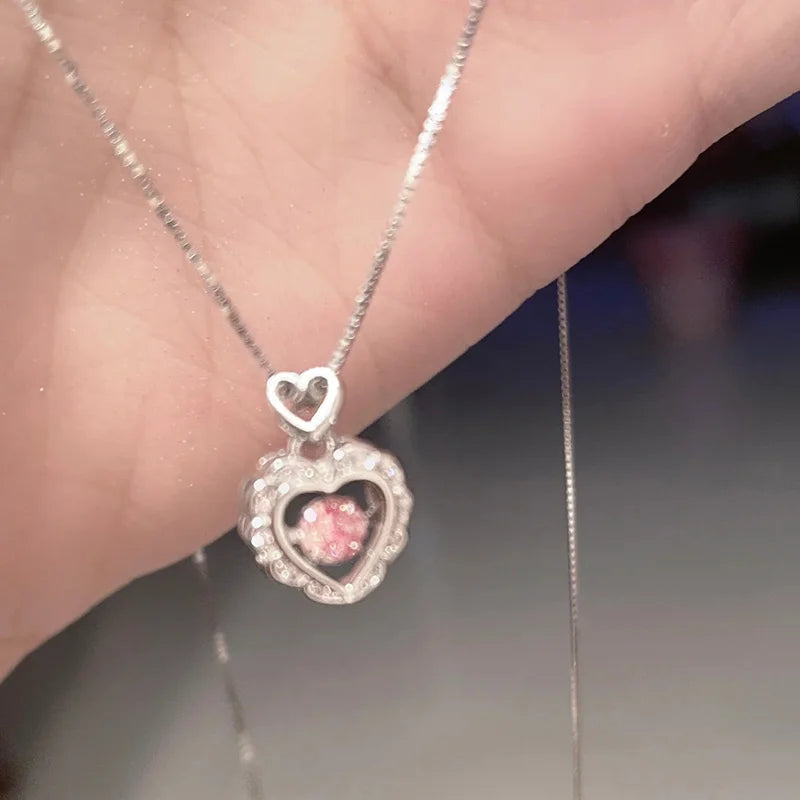 New 925 Sterling Silver Pink Zircon Love Necklace Charm Woman Pendant Geometric Shape Choker Birthday Gift Exquisite Jewelry