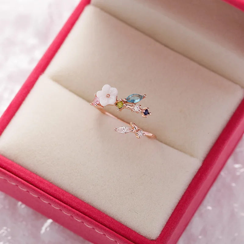 Korean CZ Sweet Crystal Zircon Heart Ring For Women Exquisite Shell Flower Opening Finger Rings Princess Wedding Jewelry