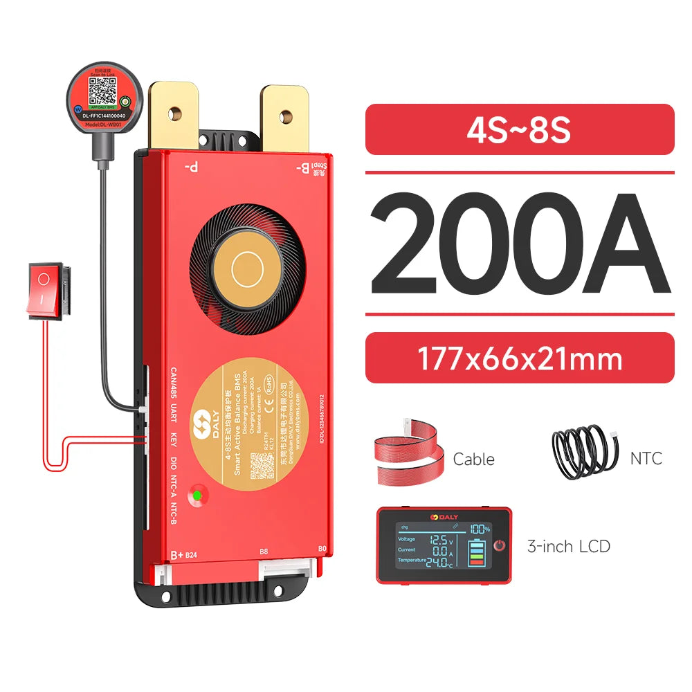 DALY Smart BMS 4S 8S 16S 40A 60A 100A 150A 200A 12V 24V 48V LiFePo4 1A Active Balance BMS with LCD RS485 UART WIFI KEY