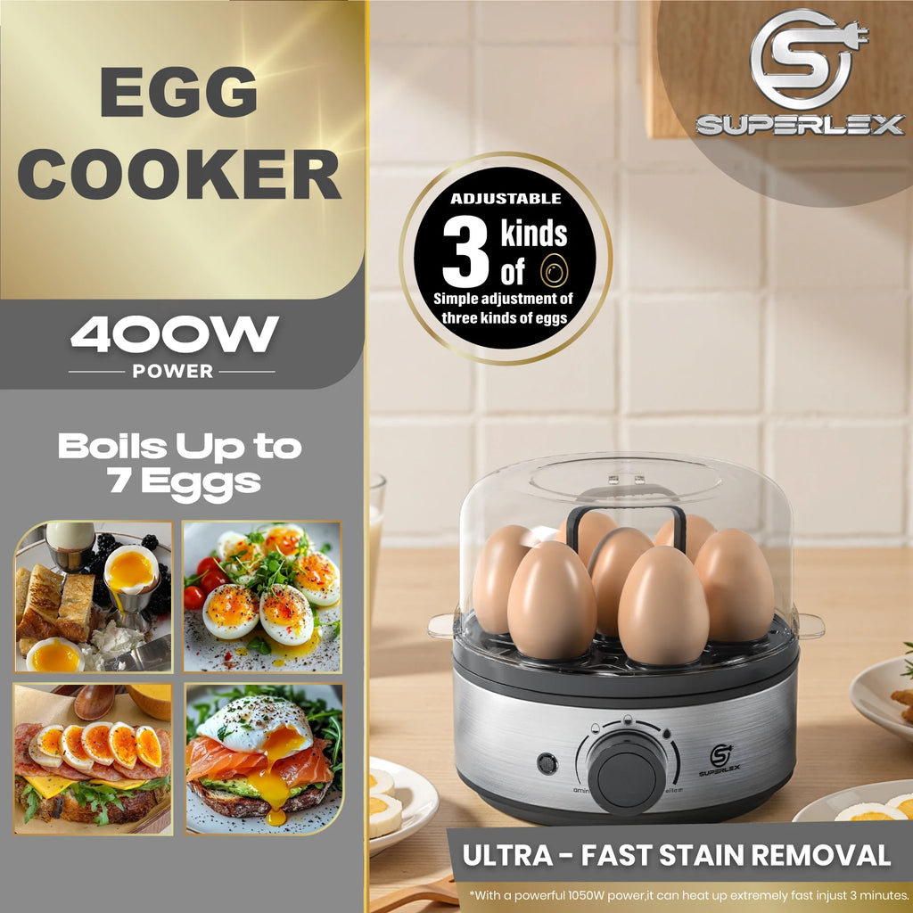 SUPERLEX Electric Egg Cooker 400W Stainless Steel Egg Boiler, Holds Up To 7 Eggs, Adjustable Timer Transparent Lid, Cool Touch Handle, Auto Warning Beep Egg Steamer for Soft Medium Hard Boiled Eggs Breakfast
