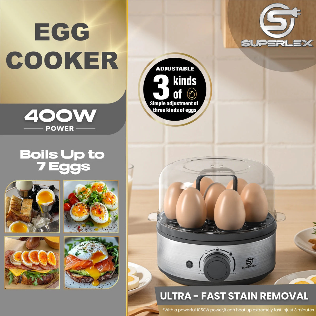 SUPERLEX Electric Egg Cooker 400W Stainless Steel Egg Boiler, Holds Up To 7 Eggs, Adjustable Timer Transparent Lid, Cool Touch Handle, Auto Warning Beep Egg Steamer for Soft Medium Hard Boiled Eggs Breakfast