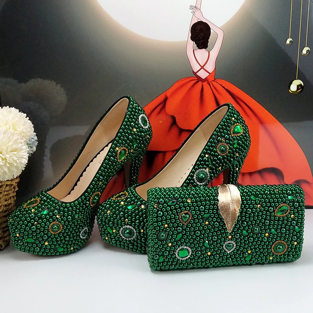 Fashion New Arrival Green Pearl Bridal Shoes and Bag Set Woman Party Dress Shoes Big Size Ankle Strap Buckle Shoes High Pumps