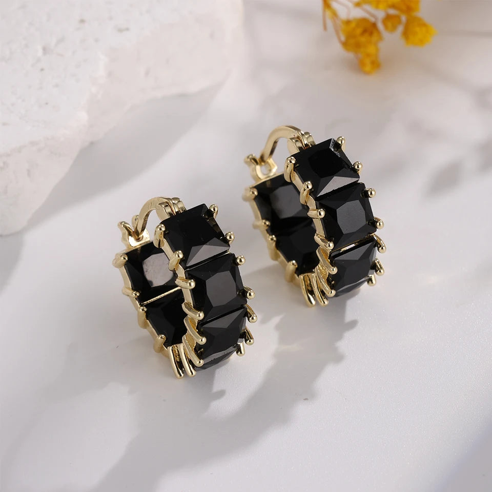 ZAKOL Vintage Black Square Crystal Hoop Earrings for Women Shiny Exquisite Zircon Round Earrings Wedding Party Jewelry