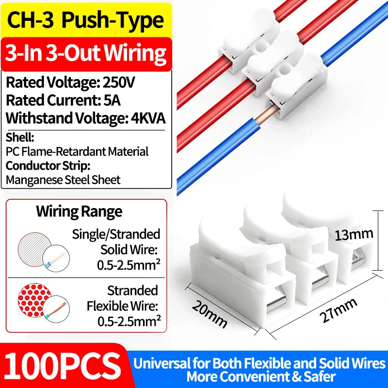 100Pcs CH2 CH3 5A 250V Push Quick Wire Connector 2/3 Pin Spring Loaded for Electrical Projects for Wiring Flame Retardant