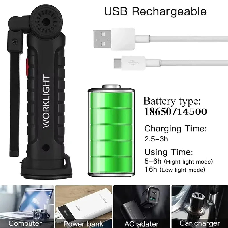 1pc COB LED Work Light Dimmable USB Rechargeable LED Flashlight Inspection Lamp With Magnet&Hook 14500/18650 Battery Torch Light