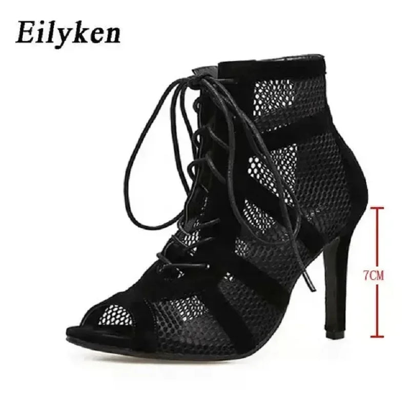 Eilyken Fashion Black Summer Sandals Lace Up Cross-tied Peep Toe High Heel Ankle Strap Net Surface Hollow Out Shoes