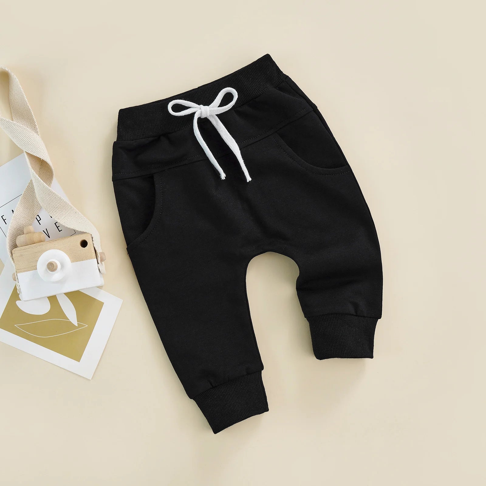 Newborn Baby Boys Girls Trousers, Elastic Waist Adjustable Drawstring Plain Leisure Style Loose Fit Long Pants 0-3T