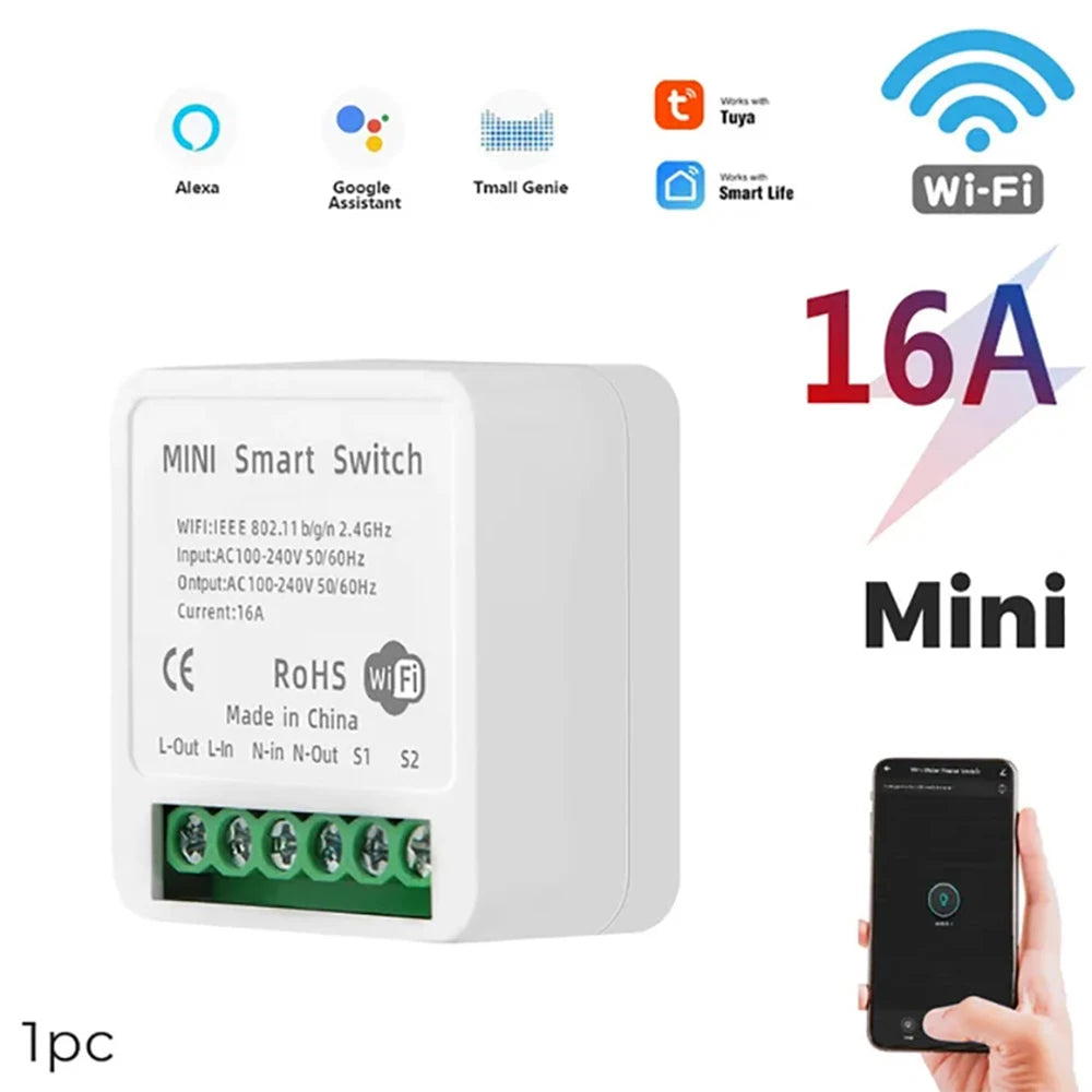 16A Mini Wifi Switch DIY Smart Home 2-way Control Relay Smart LIfe APP Control Remotely Timer Works With Alexa Google Home