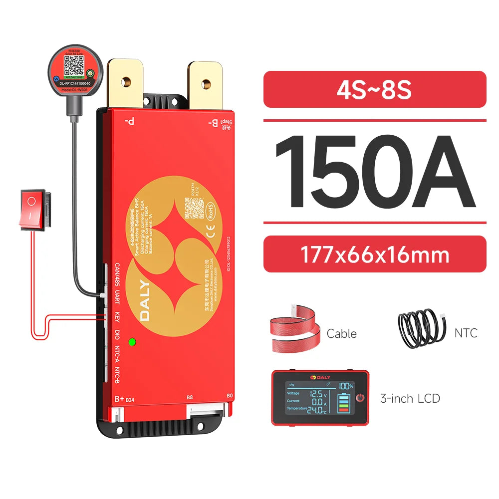 DALY Smart BMS 4S 8S 16S 40A 60A 100A 150A 200A 12V 24V 48V LiFePo4 1A Active Balance BMS with LCD RS485 UART WIFI KEY