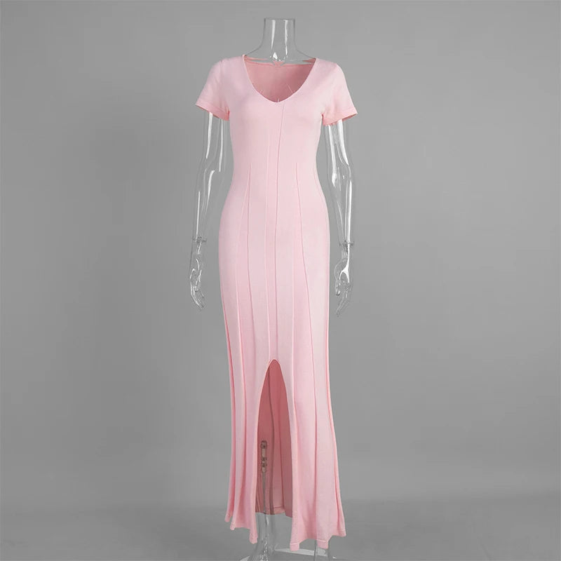 TARUXY Spring Summer Short-Sleeved Knitted Dress Women Solid V-Neck Slit Long Dress Slim Sexy Commuting Leisure Dress Female New