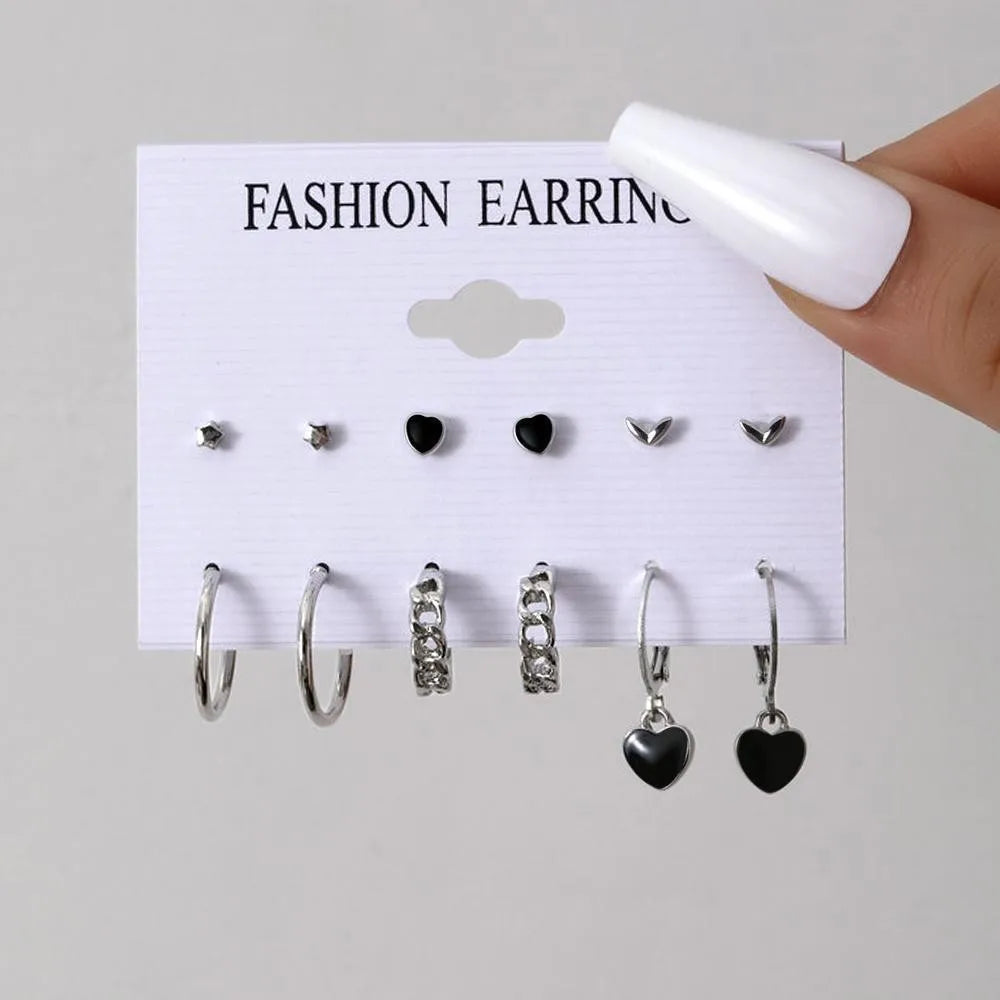 6 Pairs Korean Fashion Metal Start Heart Circle Small Earrings For Women Trend Black Heart Enamel Earrings Sweet Jewelry
