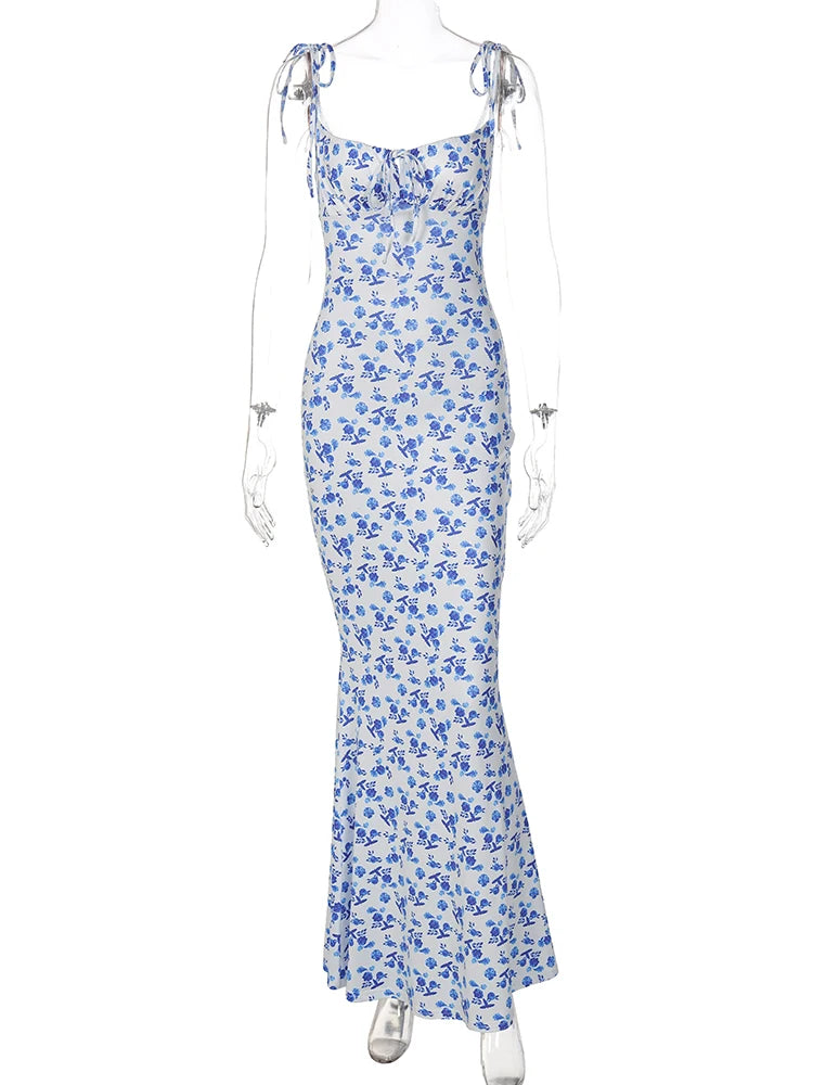 Hugcitar Floral Print Sleeveless Backless Slips Lace Up Maxi Dress Sexy Bodycon Summer Elegant Outfits Holiday Party Wholesale