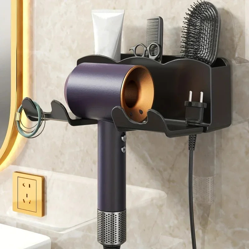 Hair Dryer Storage Rack Wall Mounted 2 in 1 Partition Hands Free Easy Install No Drill Shower Accessory Compact Storage Lazy Hol