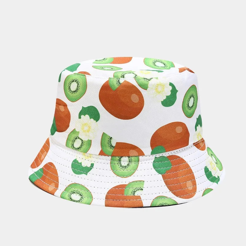 New Creative Fruit Pattern Fisherman's Hat Unisexdouble Sided Bucket Cap Uv Protection Panama Sun Caps for Girls Beach Hats