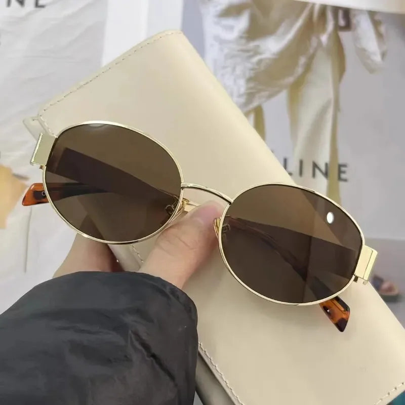 Retro Oval Brown Sunglasses Metal Frame High-end Feel UV400 Sun Visors for Women Men Street Photography