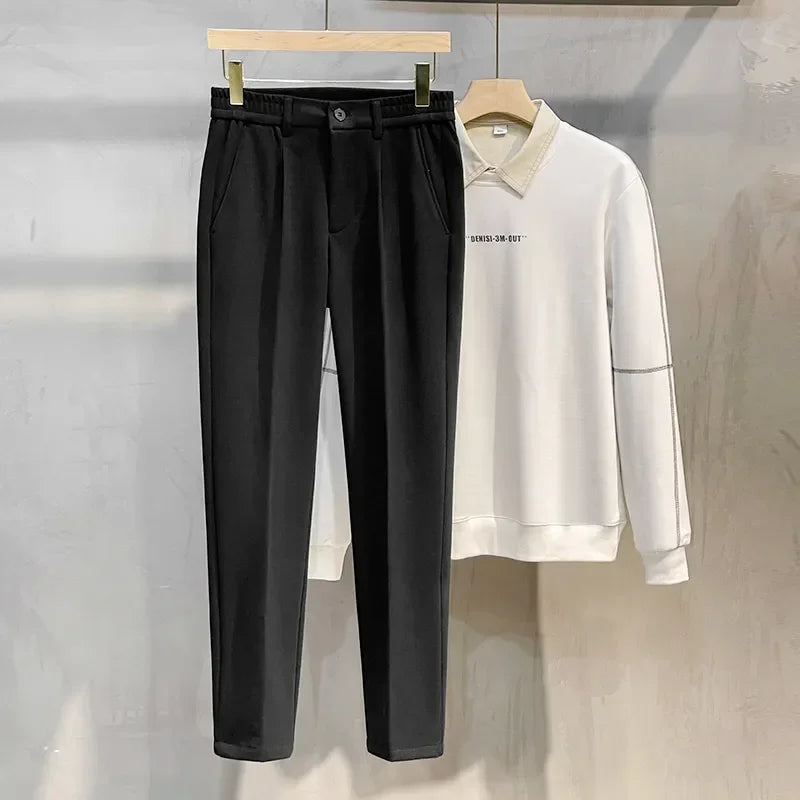 Autumn Winter Men's Woolen Suit Pants Formal Business Office Slim Straight Elastic Waist Korean Casual Tapered Brown Trousers