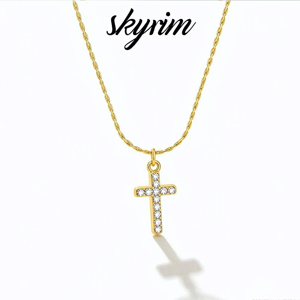 Skyrim Clear Zircon Cross Pendant Necklace Women Gold Plated Stainless Steel Filled Beading Chain Choker Religious Jewelry Gift