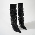 Pleated Black Leather Women's Knee High Boots Sexy Slip On Wedges Shoes Party Ladies Pointed Toe Women High Knee Botas Femininas