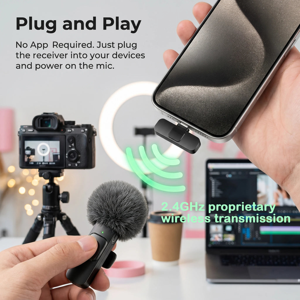 Wireless Lavalier Microphone with Furry Windscreen, Type-C&Lightning Adapter, Mini Clip Mic, Android, iPhone, Tablets, Laptops