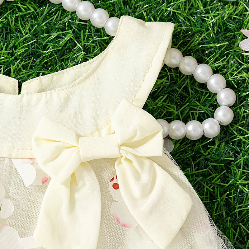 (0-3 Years) New Summer Girls Dress Halter Floral Floral Mesh Bow Round Neck Sweet Princess Dress Birthday Party Party Dress