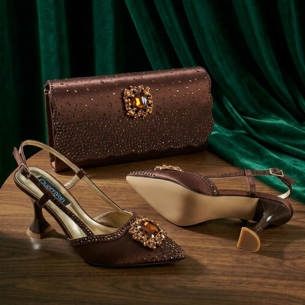 Brown Satin Rhinestone Slingback Pointed Pumps Scalloped Chain Evening Clutch Women Shoes and Bag Set Wedding Prom Gala Formal