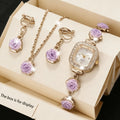 4PCS Elegant Flowers Women Watch Jewelry Set Fashion Rhinestone Square Ladies Quartz Wristwatches Accessories Gifts（Without Box）