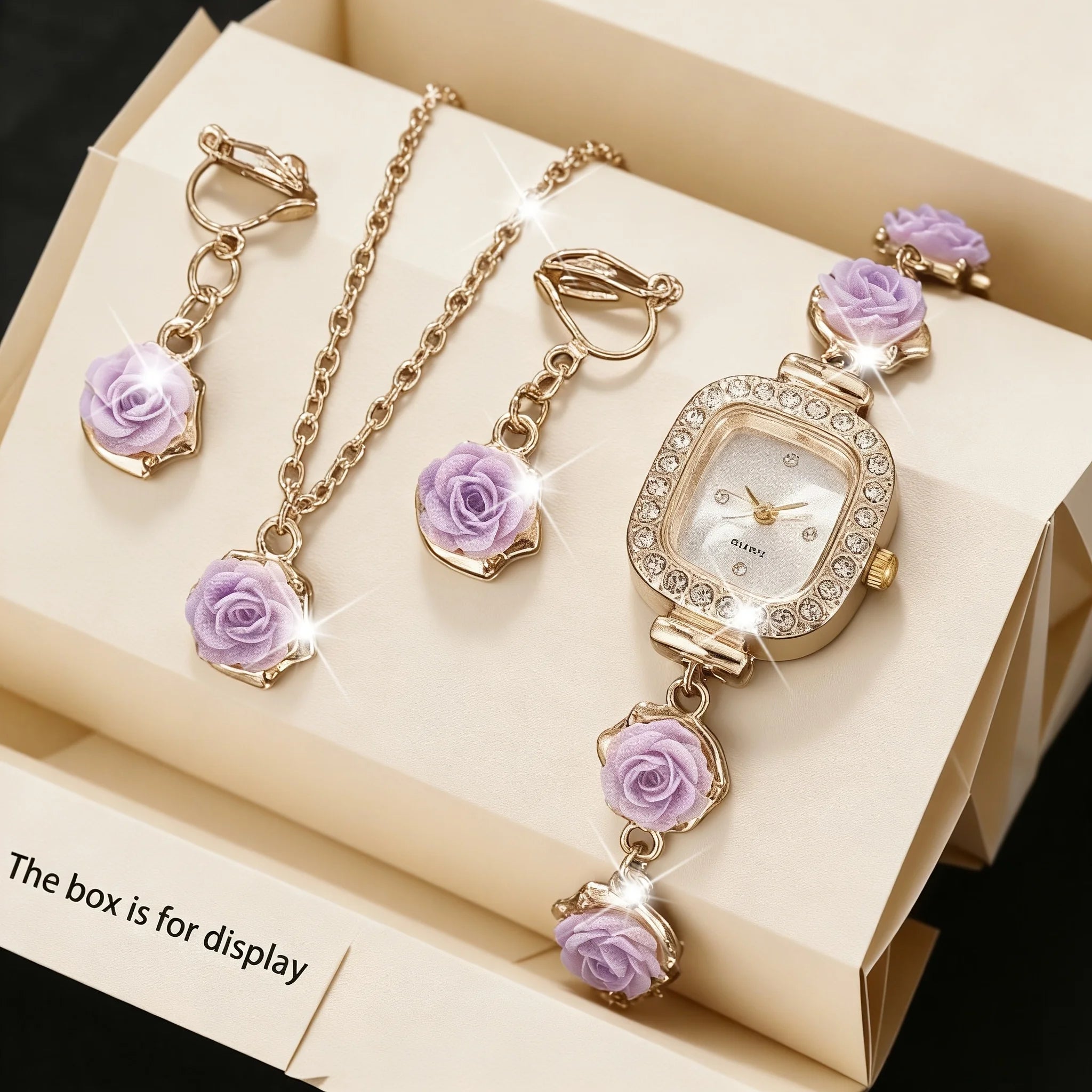 4PCS Elegant Flowers Women Watch Jewelry Set Fashion Rhinestone Square Ladies Quartz Wristwatches Accessories Gifts（Without Box）