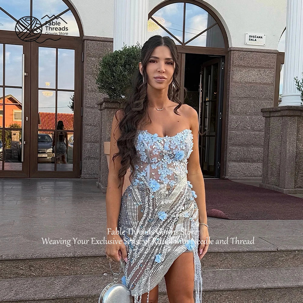 FableT Strapless 3D Floral Evening Dress Sky Blue Luxury Crystal Wedding Party Gown Custom Sexy Elegant High Slit Cocktail Gown