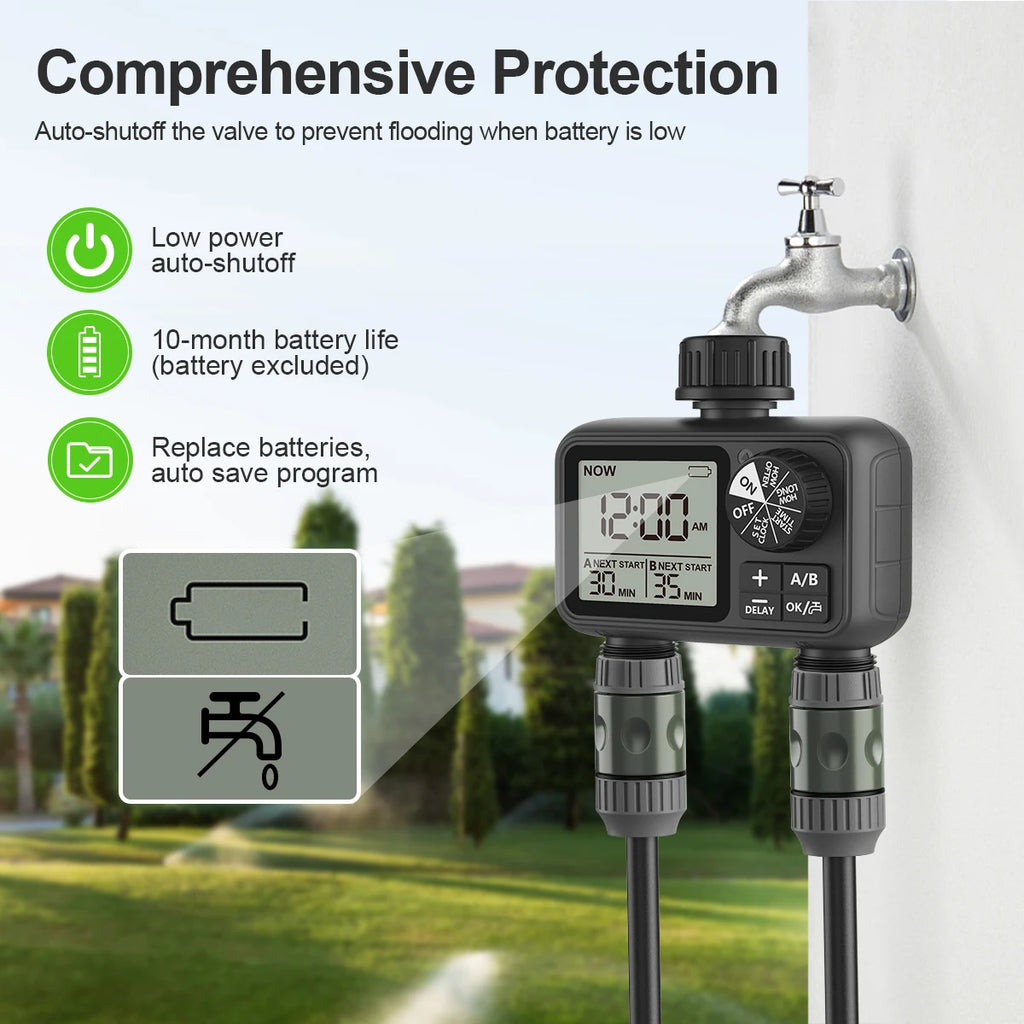 HCT-M06 Eshico 2-Zone Water Timer Automatic/Manual Sprinkler Digital Knob Set Quick Connector Smart Rain Delay Independent Water