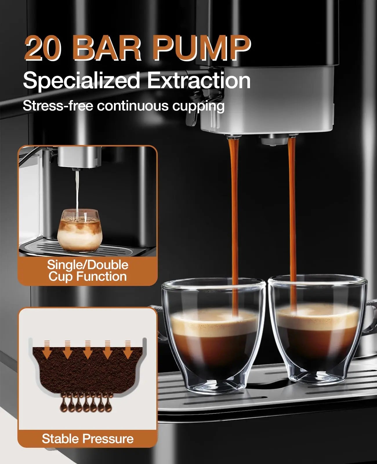 20 Bar Fully Automatic Espresso Machine With Grinder Milk Frother One-Touch 6 Recipes 1.5L Tank Self-Cleaning For Home Office