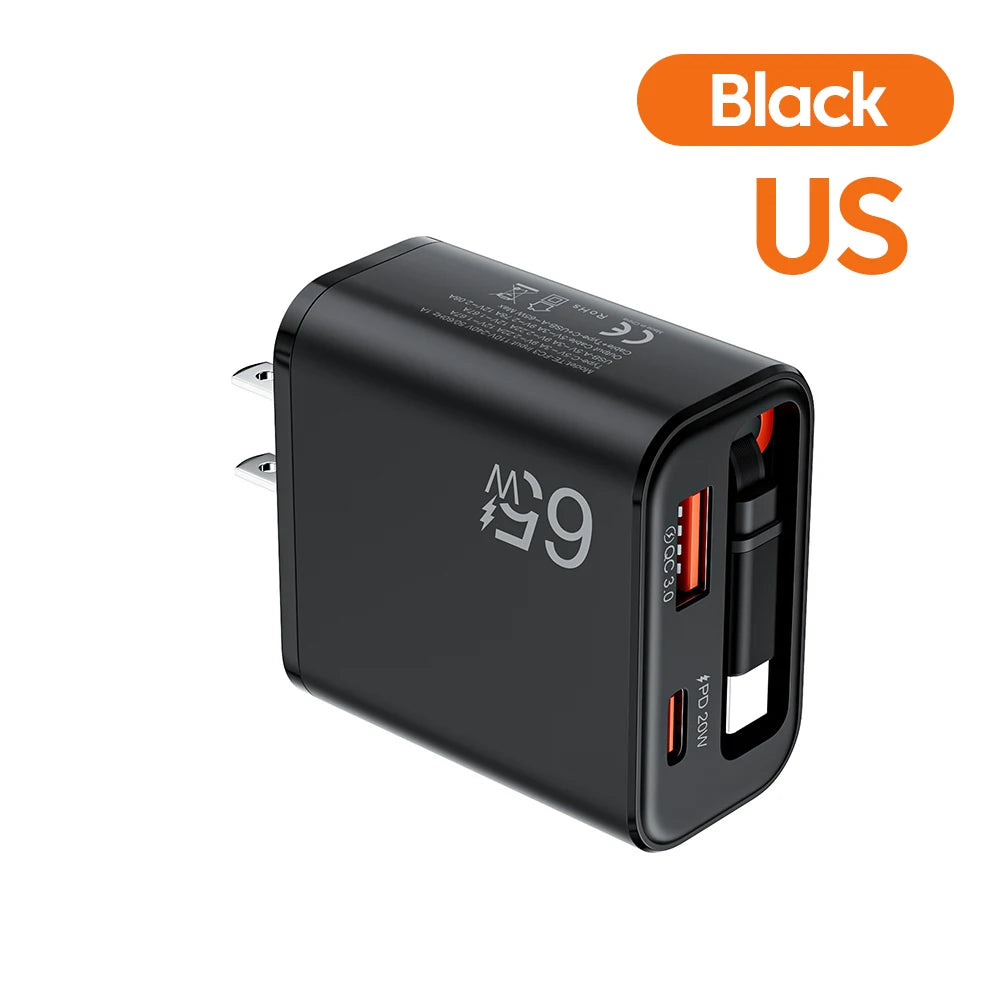 65W USB-C Wall Charger with Retractable Cable Super Fast Charging QC 3.0 USB PD for iPhone 17/16 POCO Xiaomi - Phone Chargers