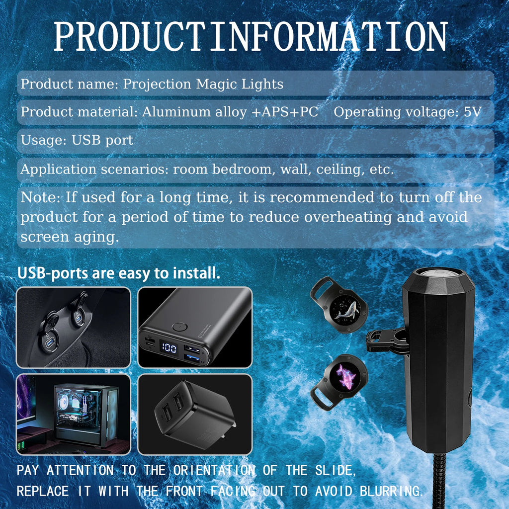 Ocean USB Projector Night Light, 8 Replaceable Lamp Sheets for Ambient Light, Home Bedroom Ceiling Projector Light