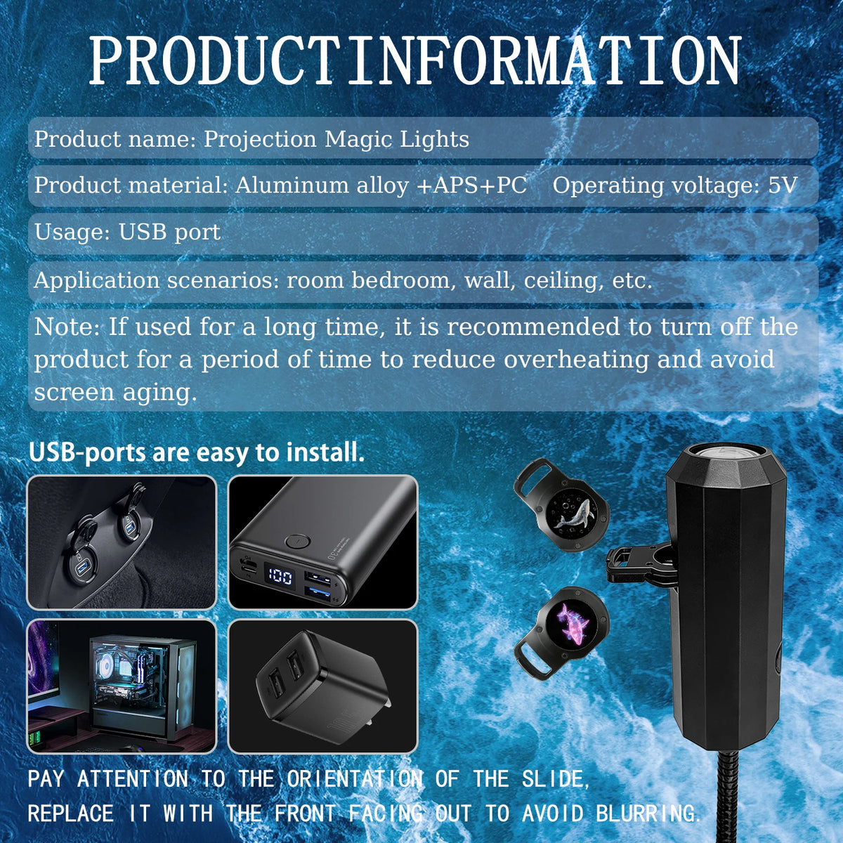 Ocean USB Projector Night Light, 8 Replaceable Lamp Sheets for Ambient Light, Home Bedroom Ceiling Projector Light