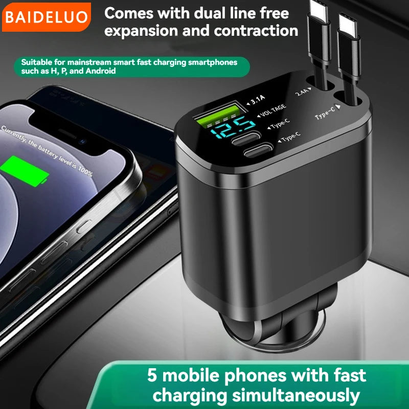 Car charger, car charger with retractable cable, car PD, car fast charging, super fast charging, flash charging, five in one cig