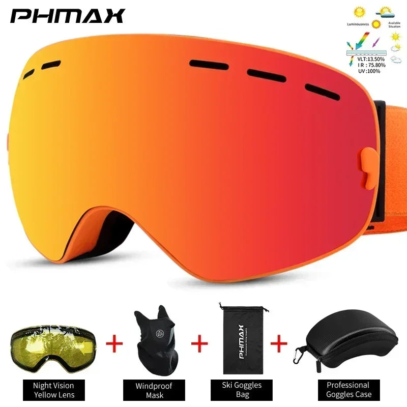 PHMAX Ski/Snowboard Goggles for Men Women, OTG Snow Goggles Anti Fog UV Protection Red Double Layers Lens Wide Vision Winter