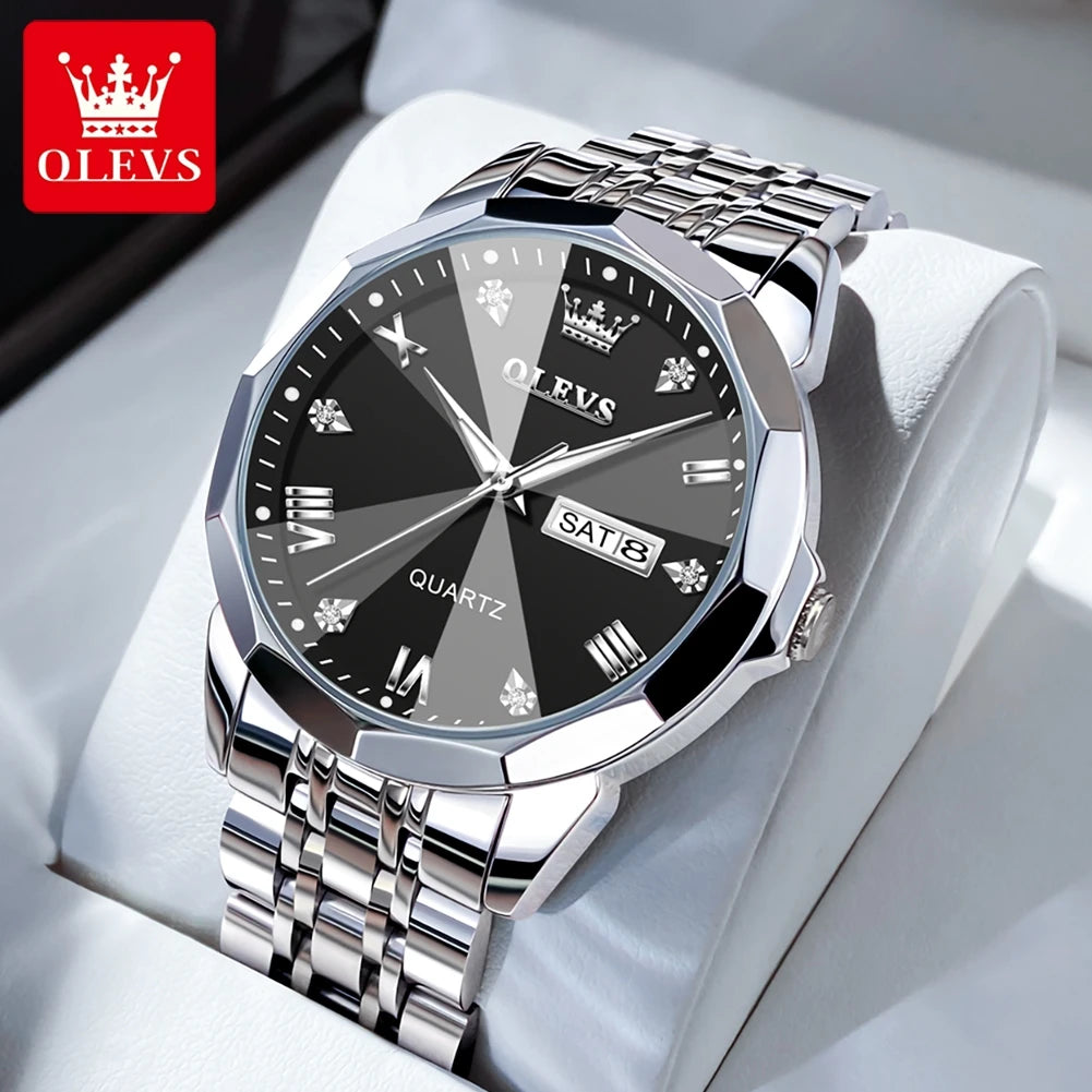 OLEVS Men's Watches Rhombus Mirror Original Quartz Watch for Man Waterproof Luminous Stainless Steel Wristwatch Male Date Week