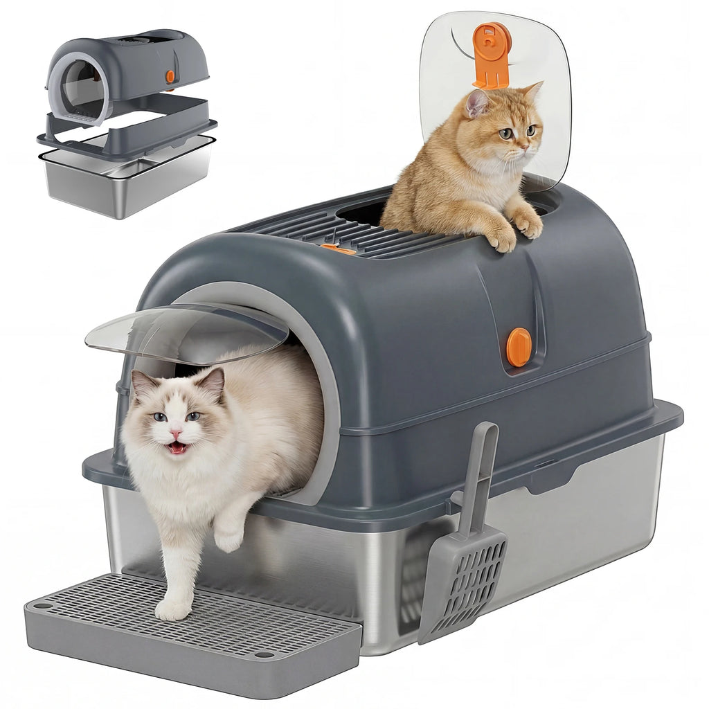 JHK 24IN Stainless Steel Cat Litter Box with Fully Enclosed 30L Large Cat Litter Box for Big Cats Cat Box Scoop and Mat Included