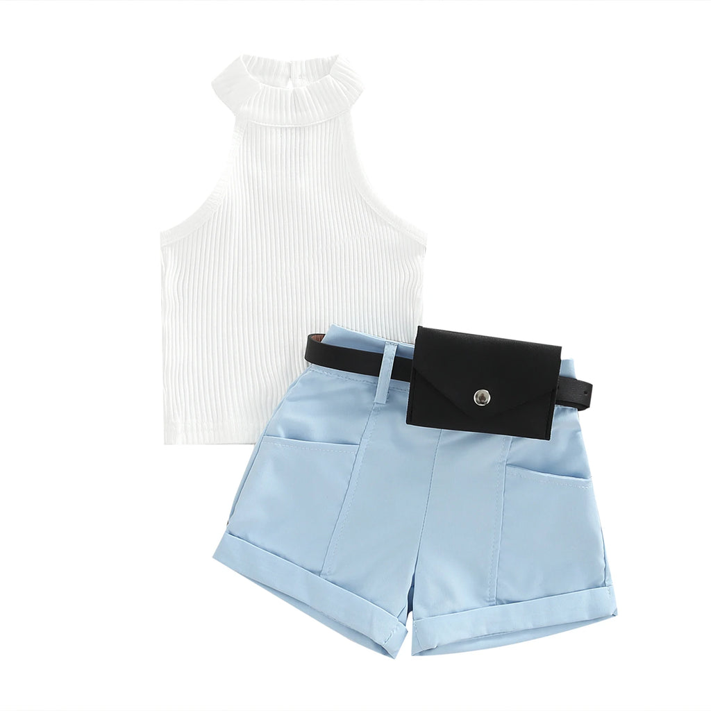 Little Girl Three-Piece Outfits Solid Color Sleeveless Ribbed Stand-Up Collar Tops + Belted Short Pants + Small Waist Pack 6M-4T
