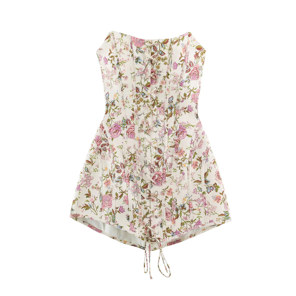 KONDALA 2026 Spring Fall Women Casual Elegant Dresses Fashion Sexy Flower Print Strapless Ladies Wedding Party Vacation Dresses